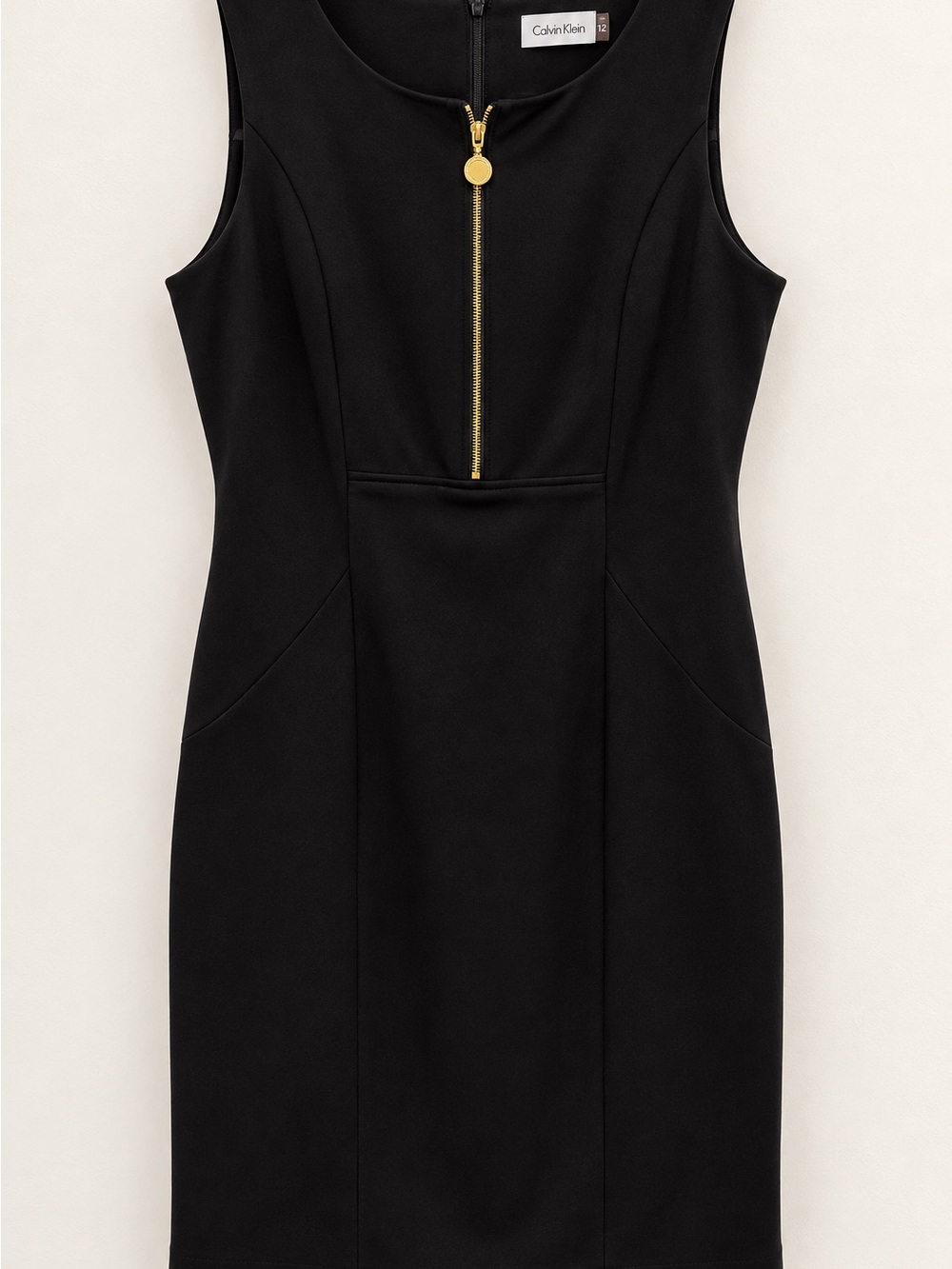 Calvin Klein Black Sleeveless Sheath Dress with Gold Front Zip